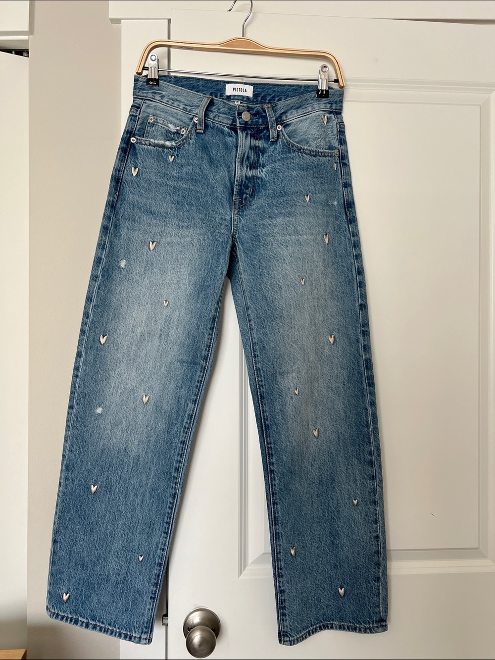 pistola Blue Straight Leg Jeans with Heart Embroidery size 26 NWOT